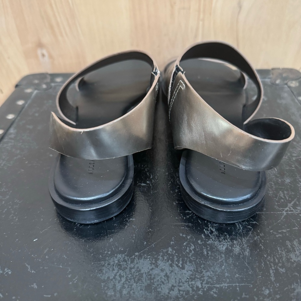 All Saints Leather Pewter Webber Flat Sandals Metallic Size EU 39 - Picture 7 of 16